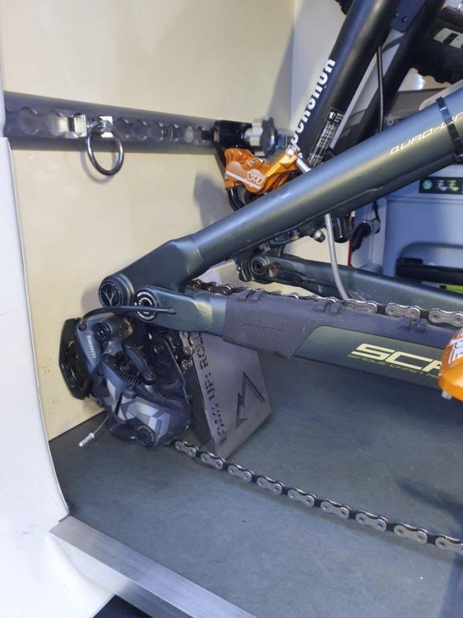 MTB Rear Axle Stand - Loaded Bikes Loaded Bikes Fork Mounts and Universal Rear Axle Supports in small garage space of converted Mercedes LWB Sprinter