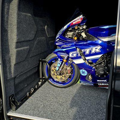 R1 superbike in a motorcycle bike rack for mk1 transit custom
