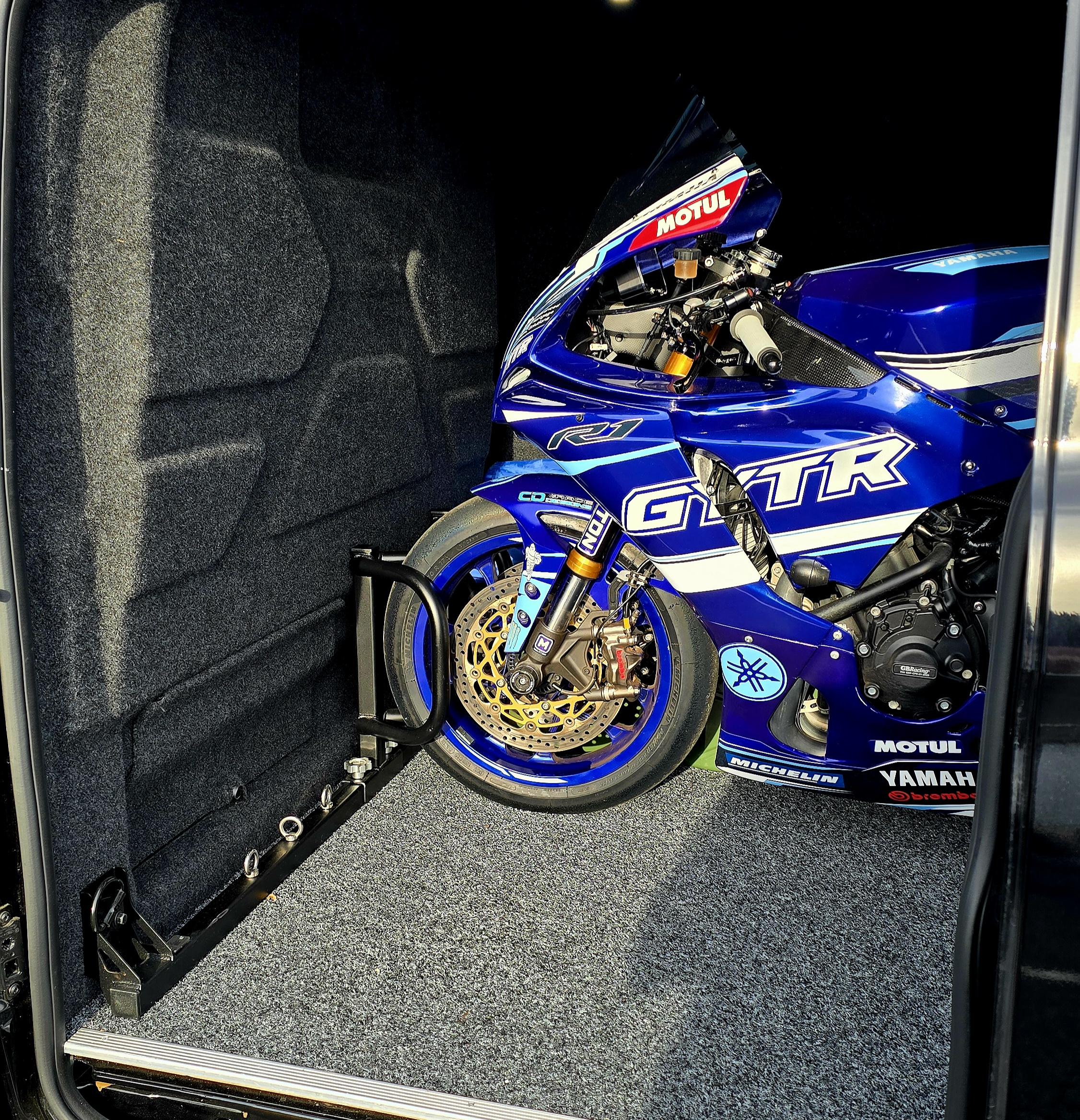 Modular van bike rack for transit custom mk1 - loaded bikes R1 superbike in a motorcycle bike rack for mk1 transit custom